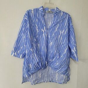 Patrizia Luca Milano Women's Blue White Striped 3/4 Sleeve Knot Top Blouse M/L